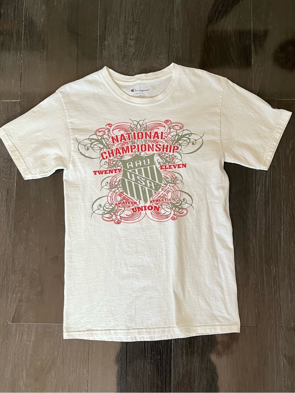 Champion White Short-Sleeve Graphic Tee with Red and Olive Print - Picture 1 of 3